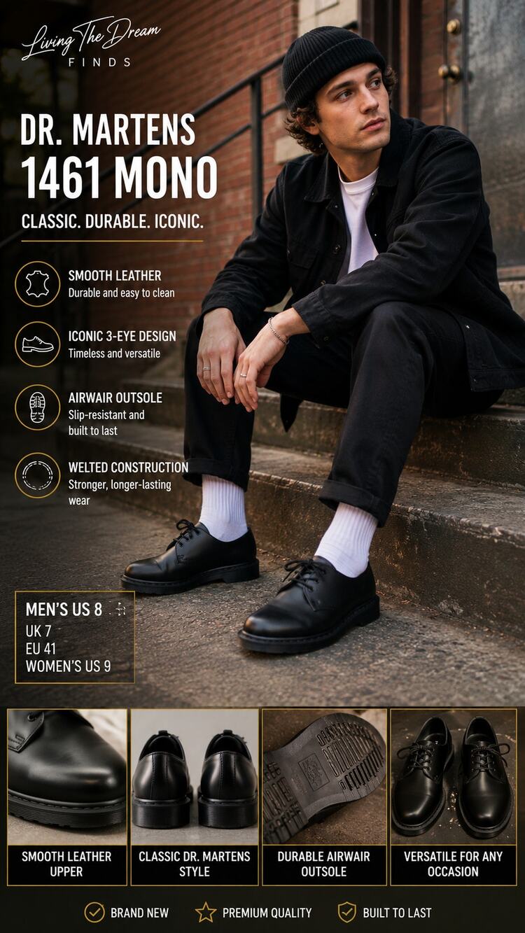 Dr. Martens 1461 Mono Black Smooth Leather 3 Eye Oxford Shoes Men’s US 8 New